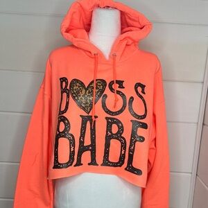 Neon Orange Leopard Boss Babe Cropped Hoodie